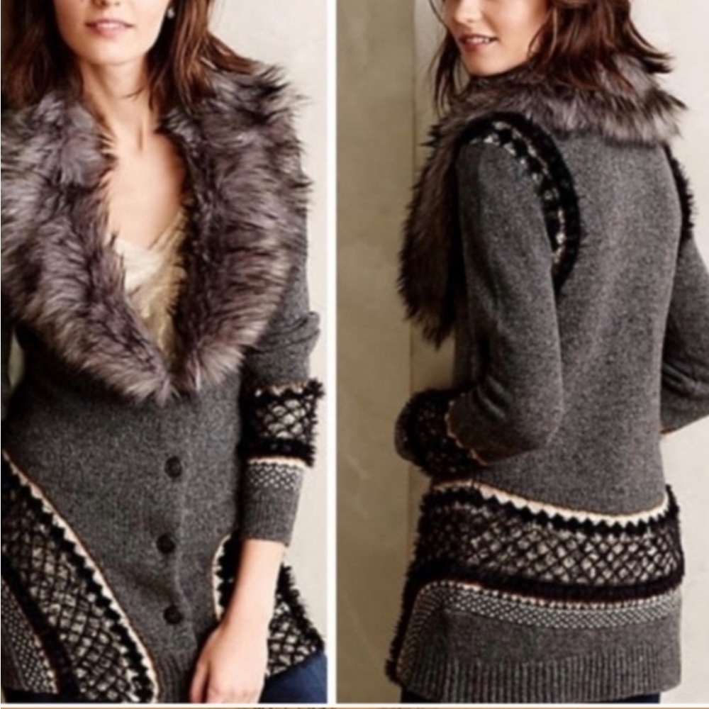 Anthropologie Sleeping On Snow cardigan with removal fur collar
